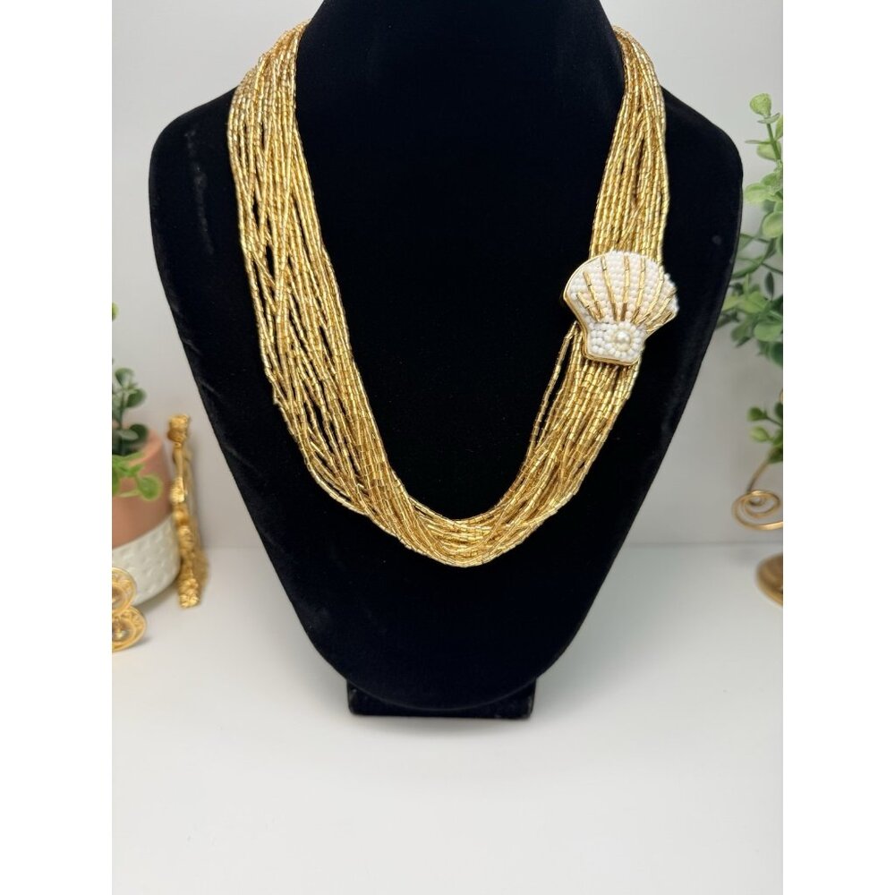 Vintage Talbots Gold Glass Bugle Beaded Necklace White Bead Shell Side Pendant